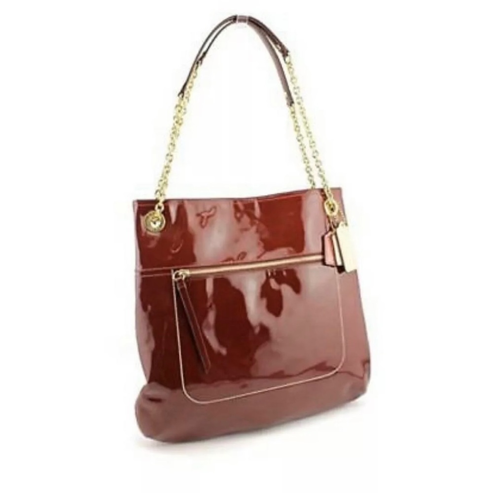 🎉HP🎉New! Coach Crimson Poppy Slim Convertible Patent Leather Tote Gold Chain🥀 - Picture 13 of 15